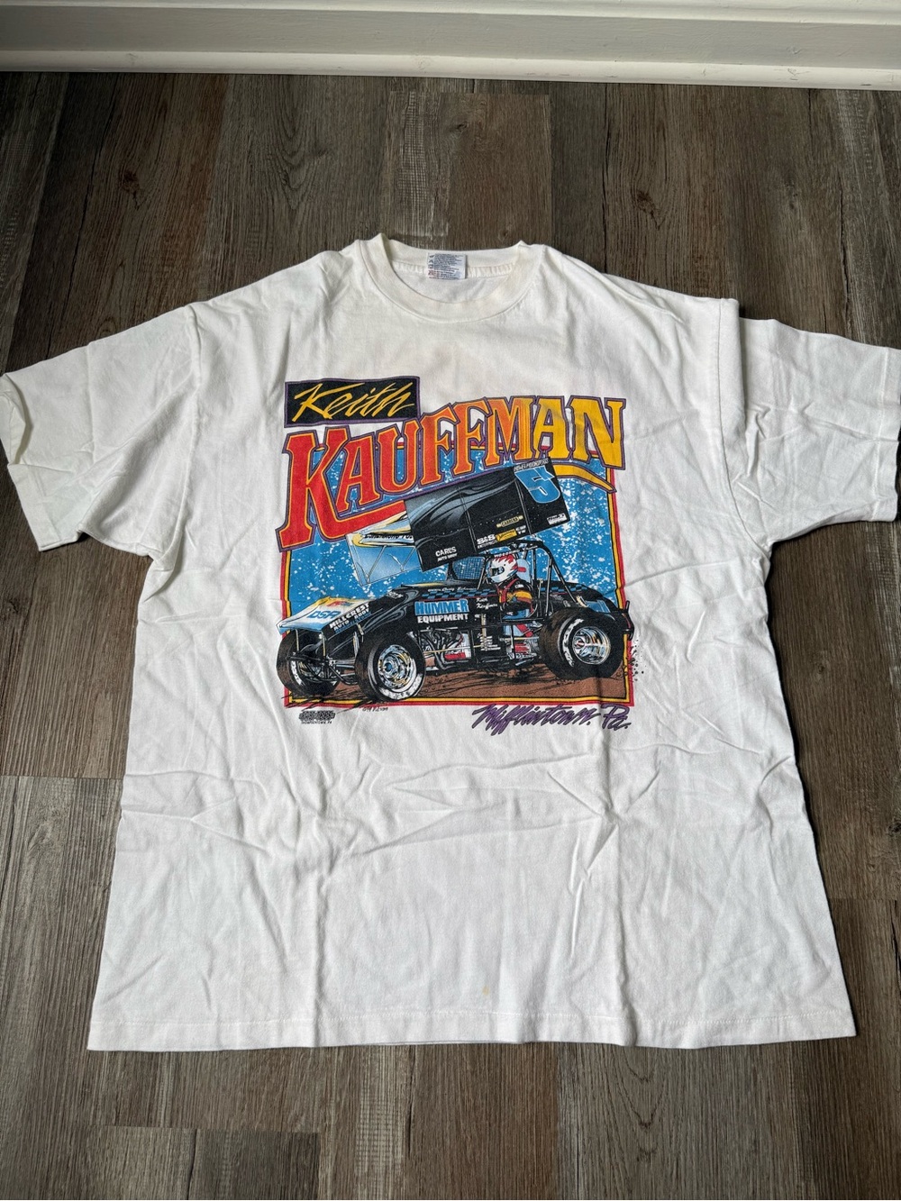 VTG Keith Kauffman Graphic Racing T-Shirt Race Car Driving White Size XL